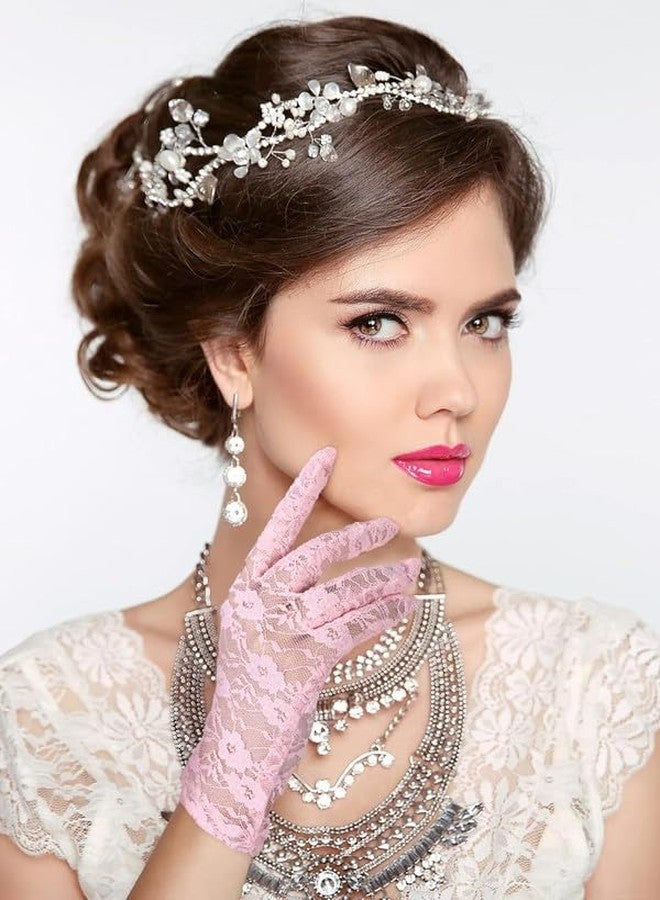 KETKAR Ladies Floral Lace Gloves Vintage Opera, Women Short Elegant Lace Gloves for Women Ladies and Girls Evening Wedding_Pink - Image 3